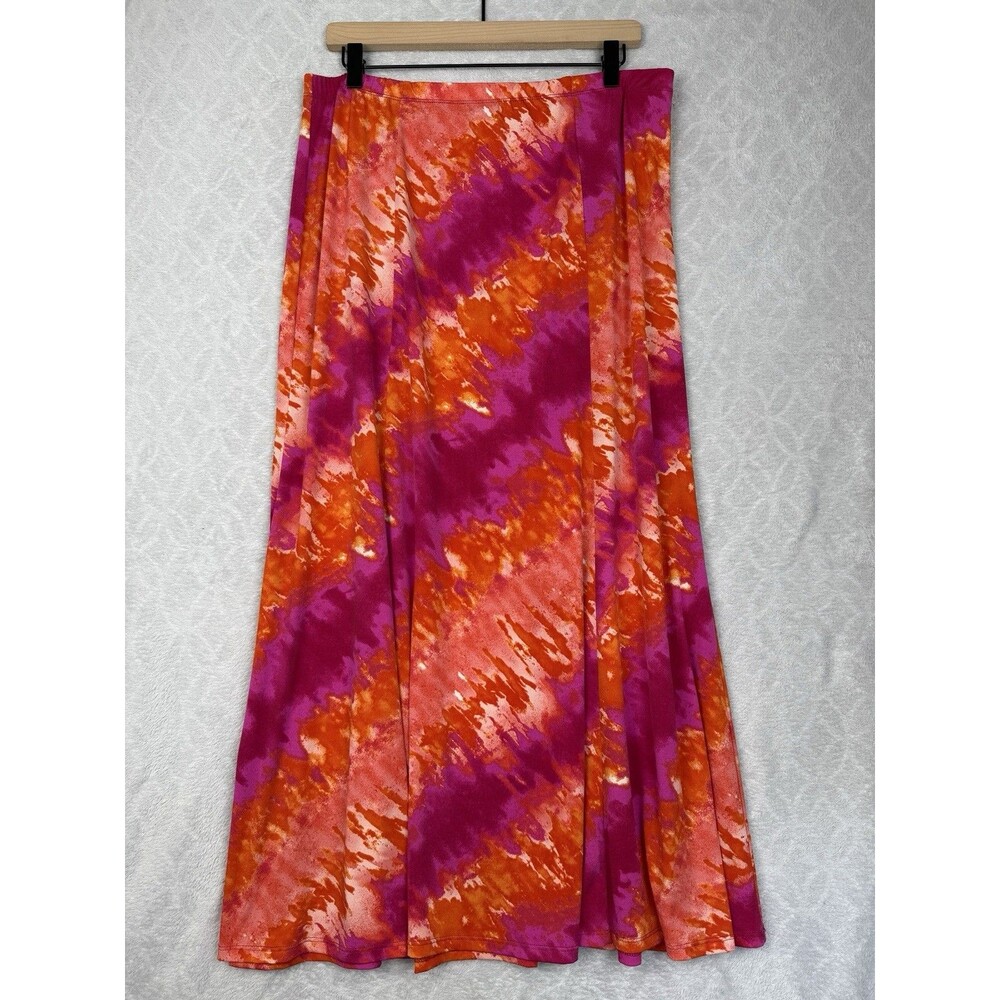 Susan Graver Maxi Skirt Large Petite Orange Pink Tie Dye Liquid Knit Artsy Boho